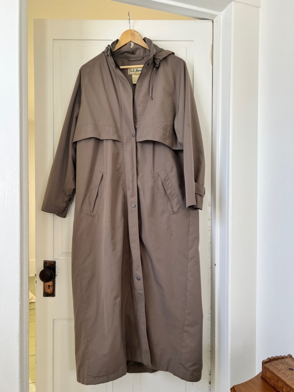 L.L. Bean Women's Long Hooded Trench Coat in Taupe Brown
